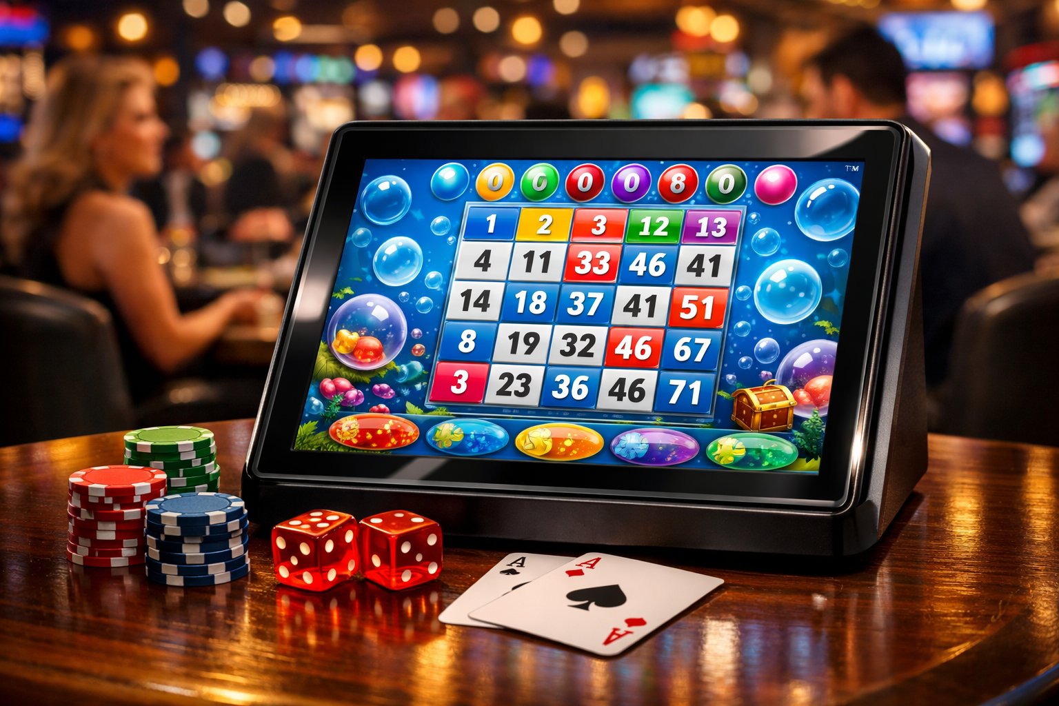 A Touchscreen Kiosk In A Casino Showing A Colorful Bingo Game Interface With Casino Elements On A Table And People In The Background.