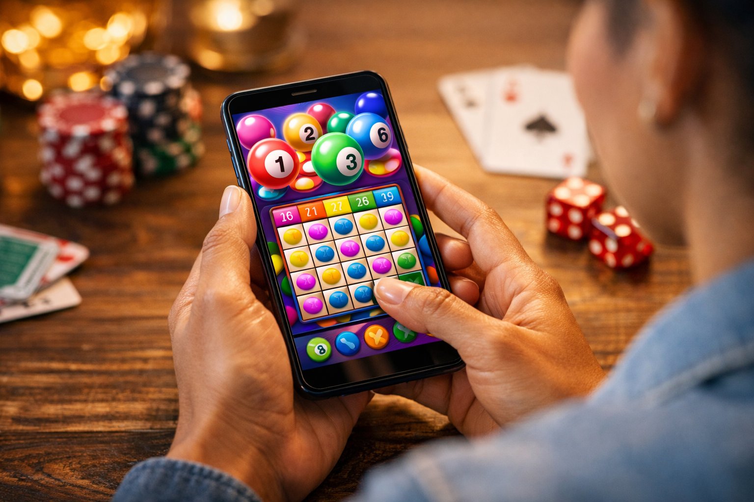 A Person Holding A Smartphone Displaying A Colorful Bingo Game, Sitting Indoors With CasinoThemed Decorations In The Background.