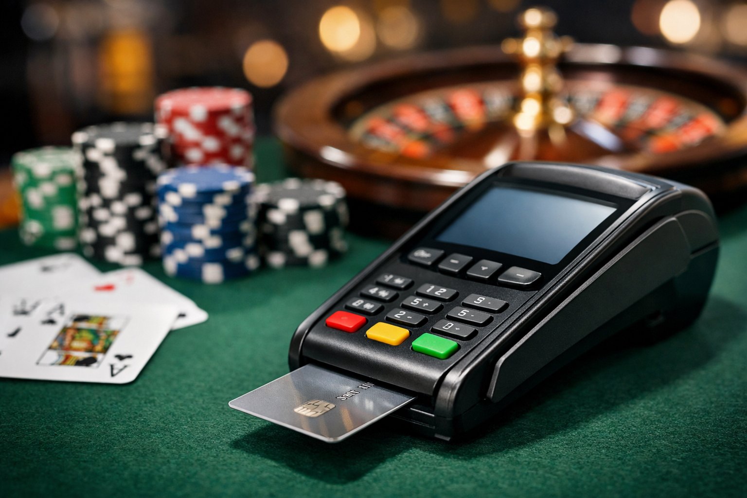 CloseUp Of A Payment Terminal With A Credit Card Being Inserted, Surrounded By Poker Chips And Playing Cards In A Casino Setting.