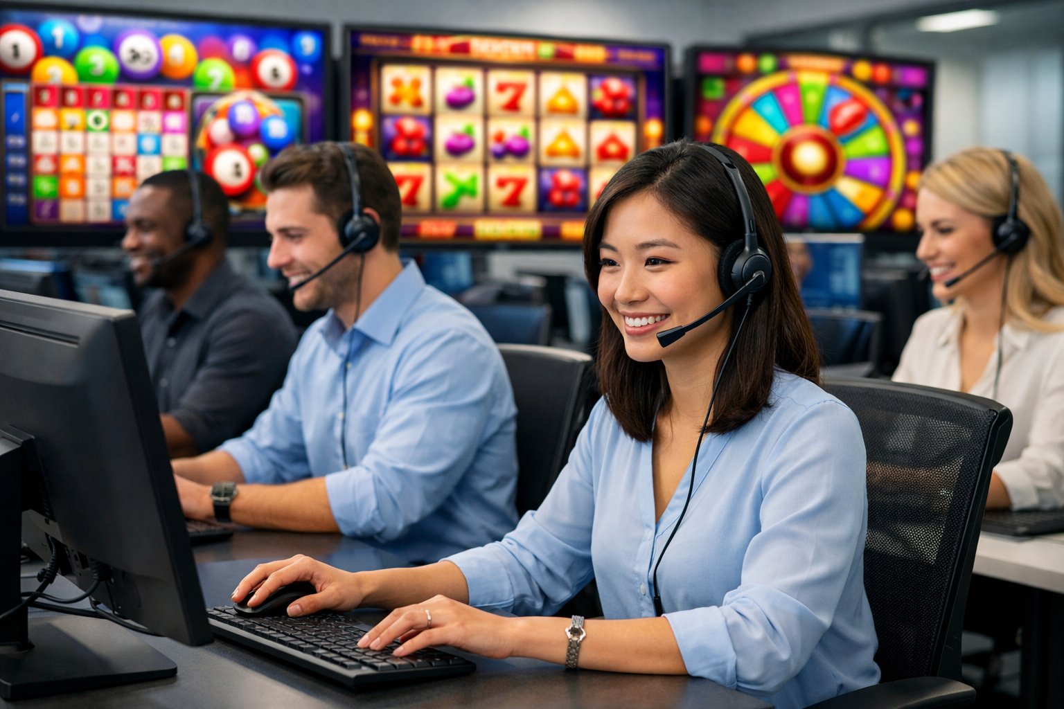 Customer Support Team Wearing Headsets Working At Computers With Casino Game Screens In The Background.
