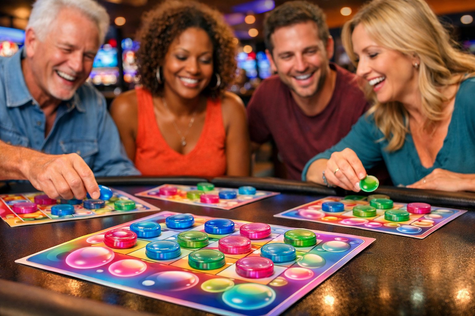 People Playing Bingo With Colorful Cards And Chips At A Casino Table, Surrounded By Casino Machines And Lights.