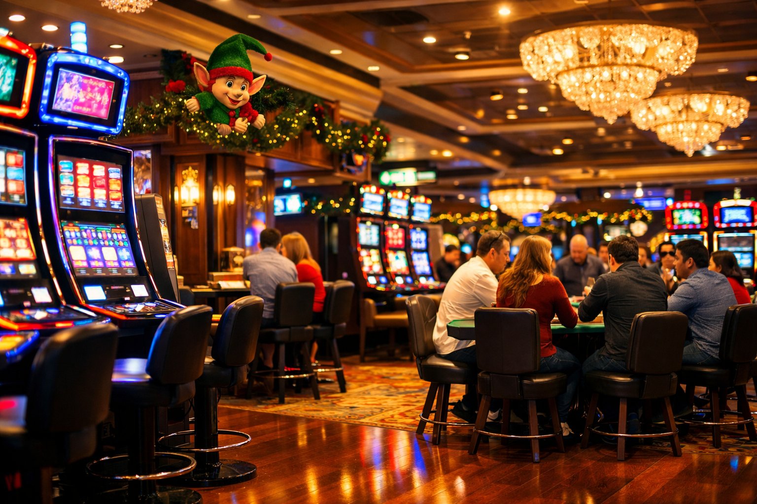 A Lively Casino Interior With Slot Machines, Card Tables, And ElfThemed Decorations, Filled With People Enjoying Games.