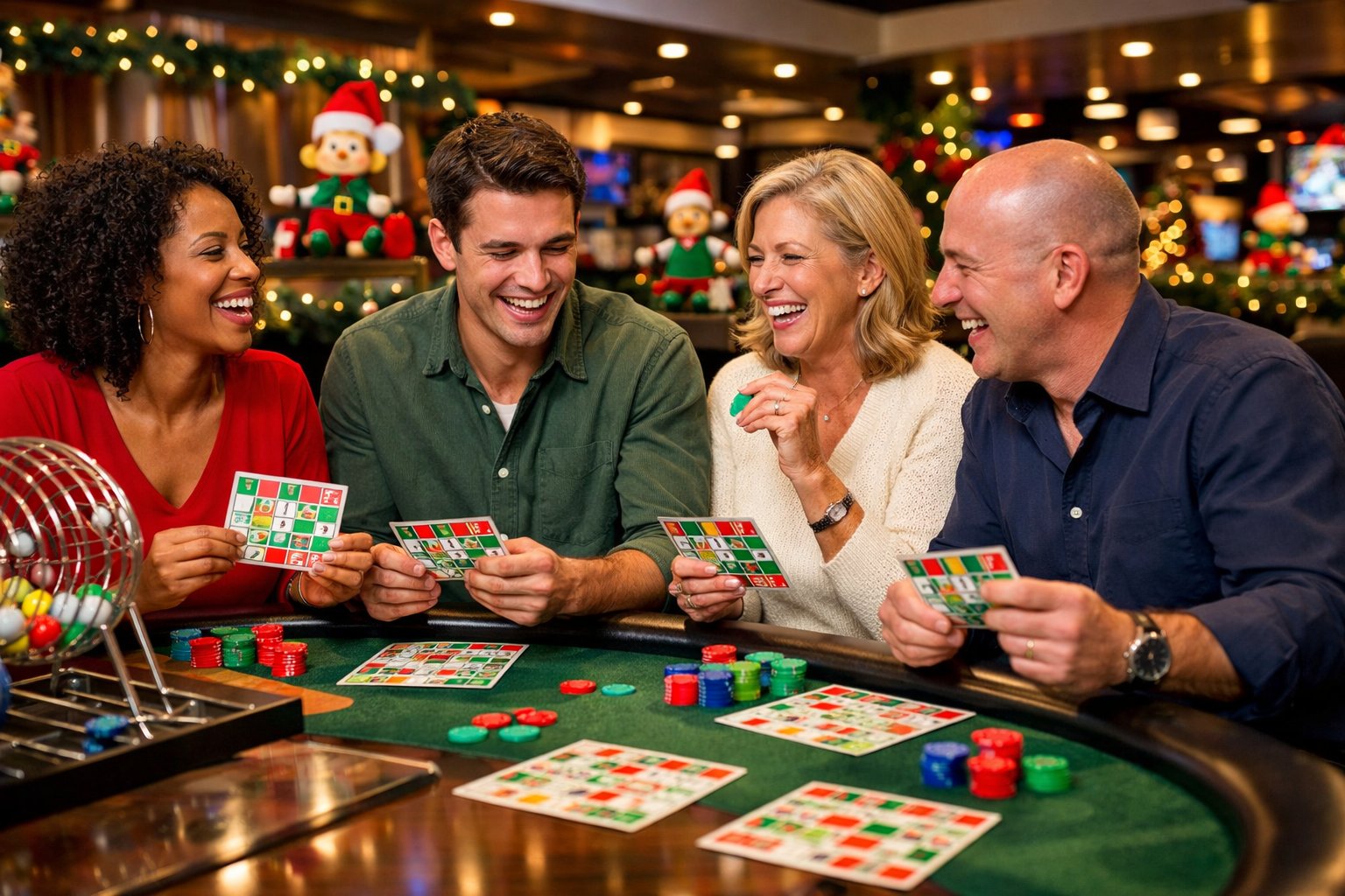 A Group Of Adults Playing Bingo At A Decorated Casino Table With HolidayThemed Elf Decorations And Festive Lights.