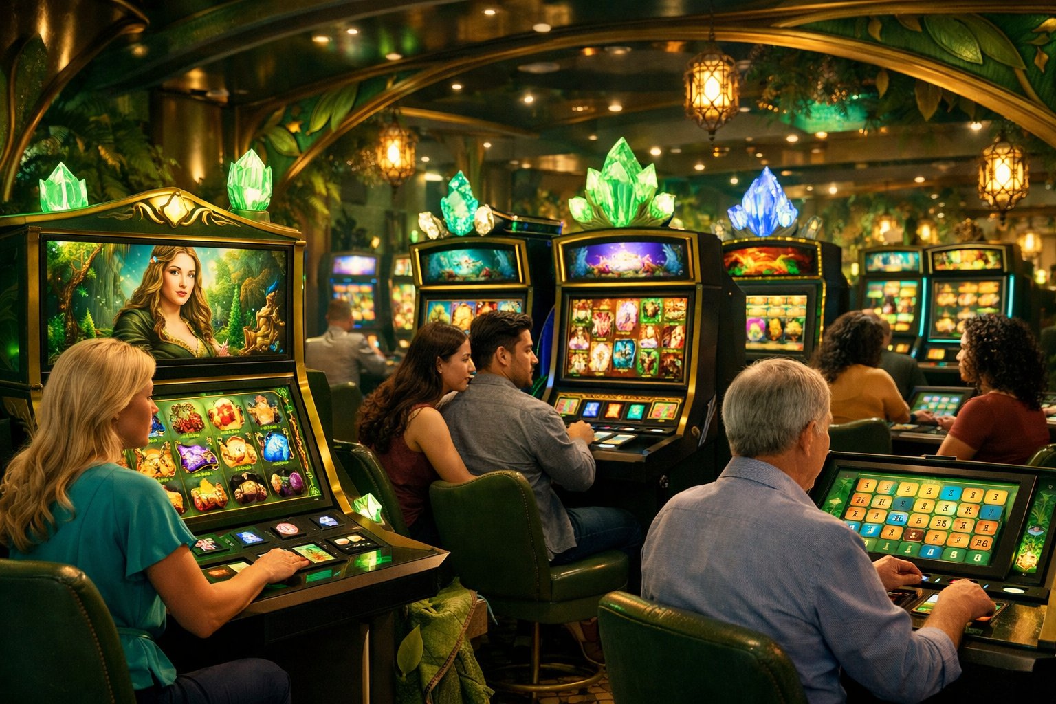 A Casino Interior With Colorful Slot Machines And Bingo Game Screens Decorated With ElfThemed Motifs, Showing People Playing Games.