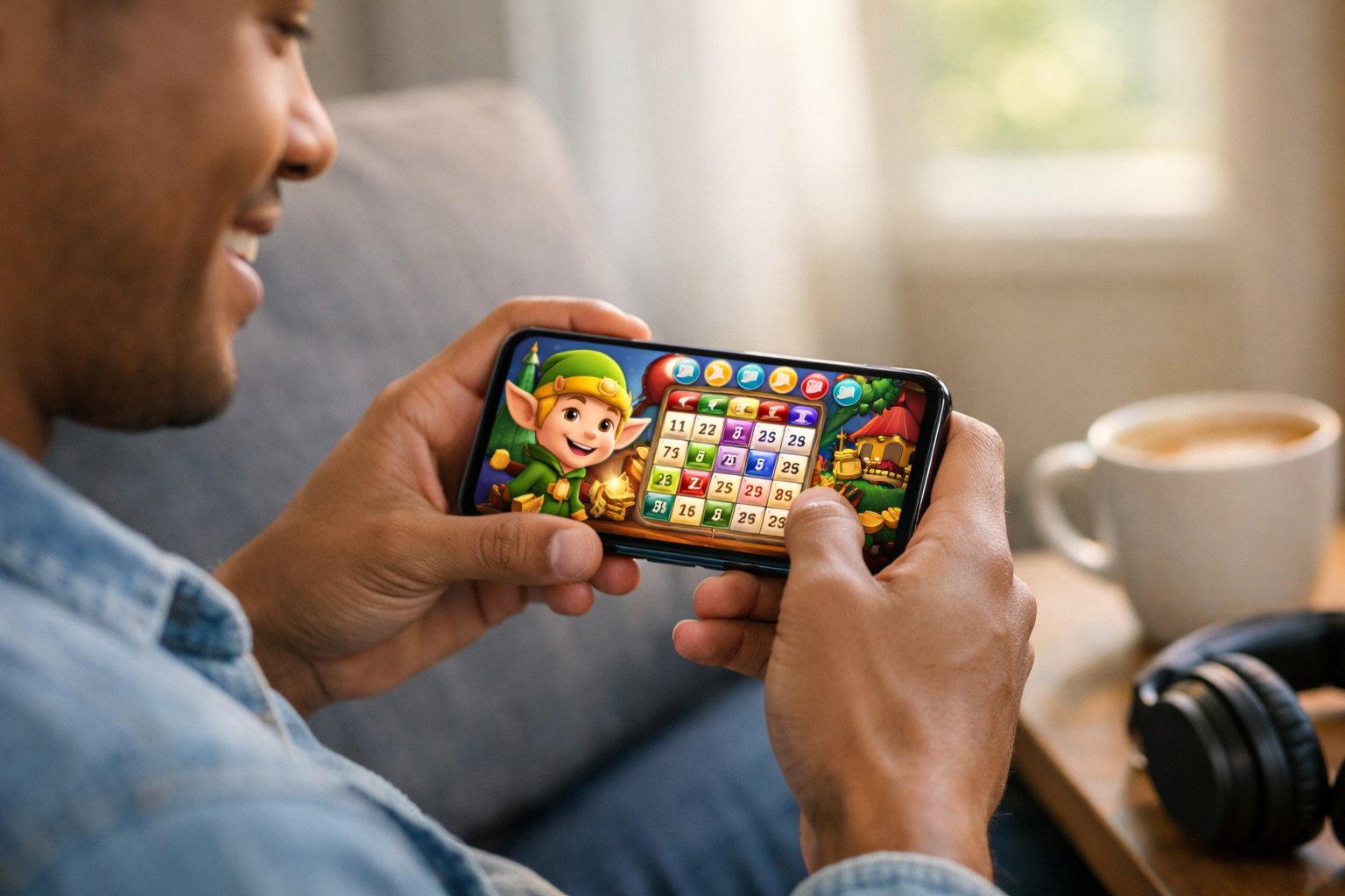 A Person Holding A Smartphone Displaying A Colorful ElfThemed Bingo Game, Sitting Comfortably Indoors.