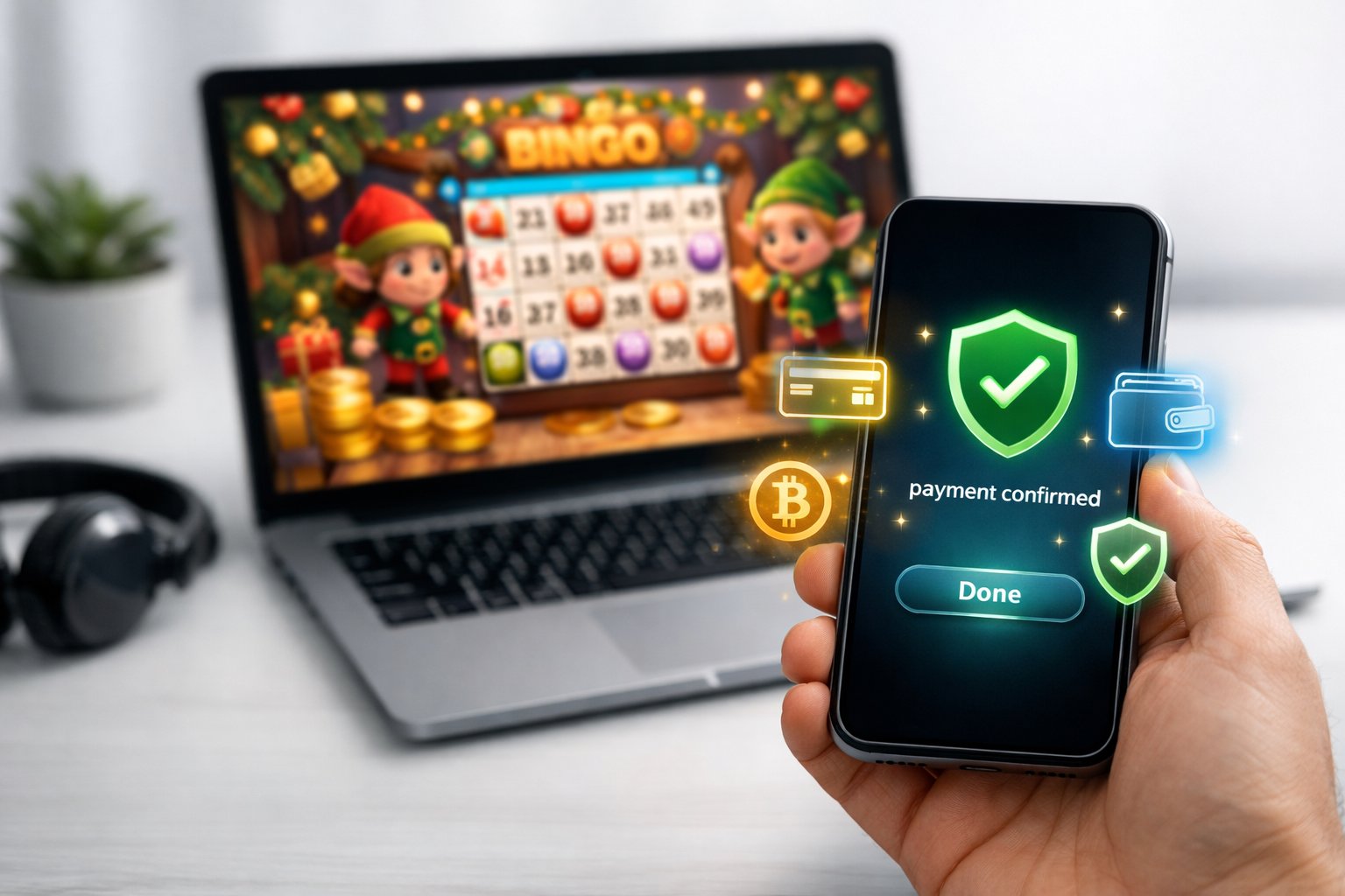 A Hand Holding A Smartphone Showing A Payment Confirmation Screen With A Blurred Laptop Displaying An Online Bingo Game In The Background.