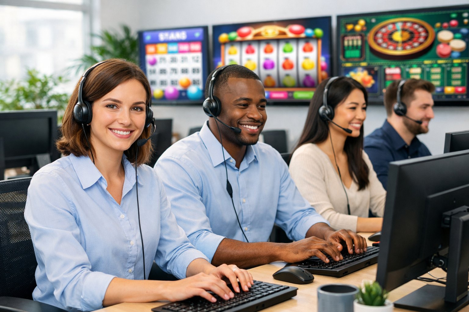 Customer Support Team Members Wearing Headsets Working At Computers In A Bright Office With CasinoThemed Screens In The Background.
