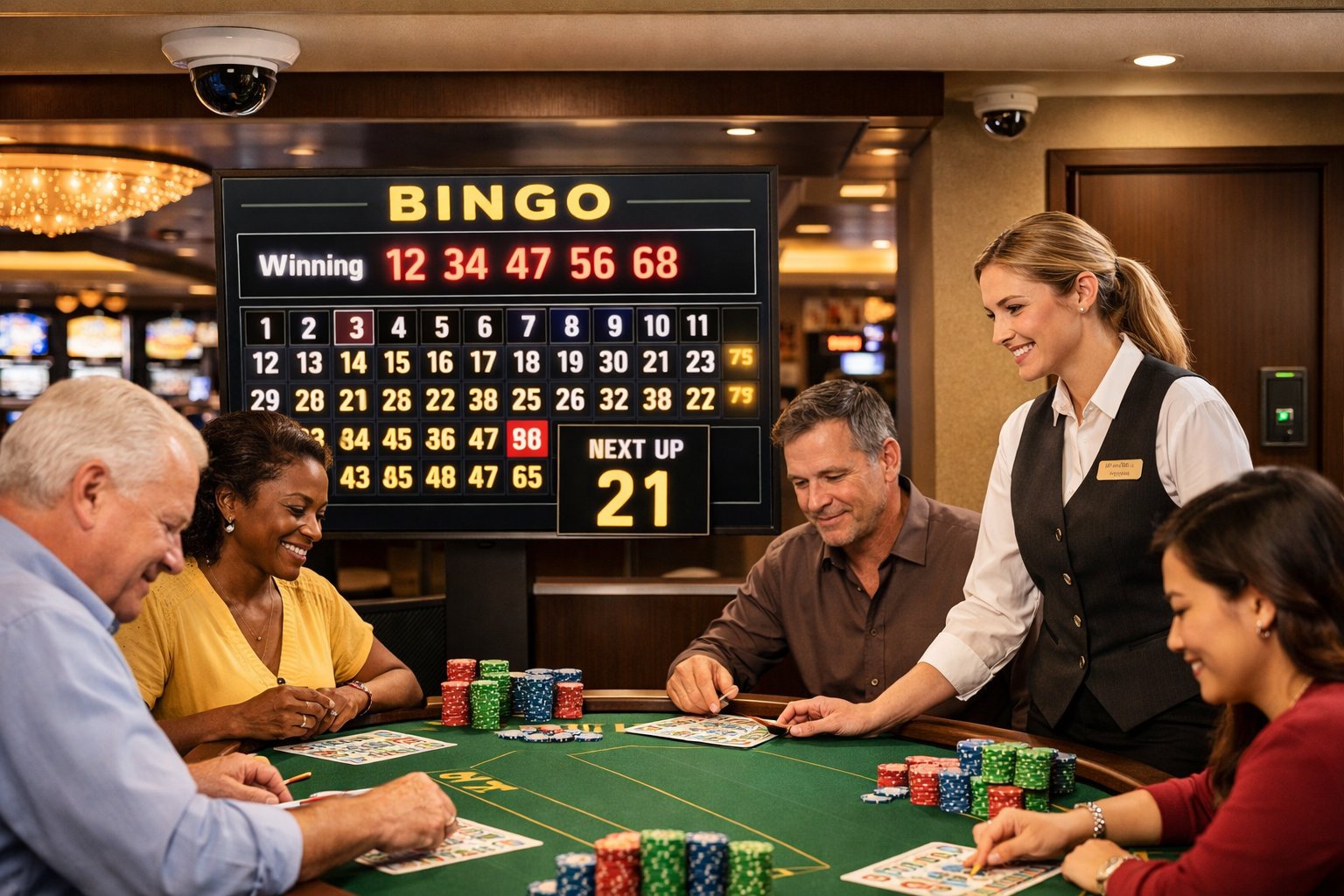 A Group Of People Playing Bingo In A Casino With A Dealer And Visible Security Features Ensuring A Fair Game.