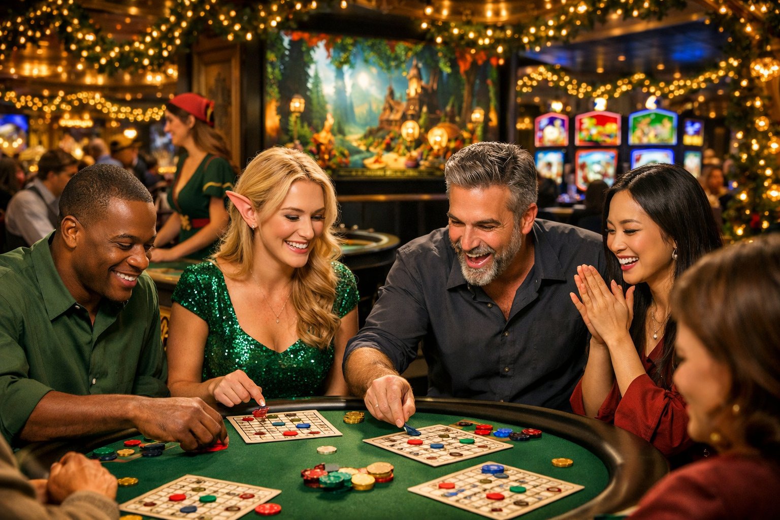 A Group Of People Playing Bingo And Casino Games In A Brightly Lit Casino With Festive Decorations And FantasyThemed Elements.