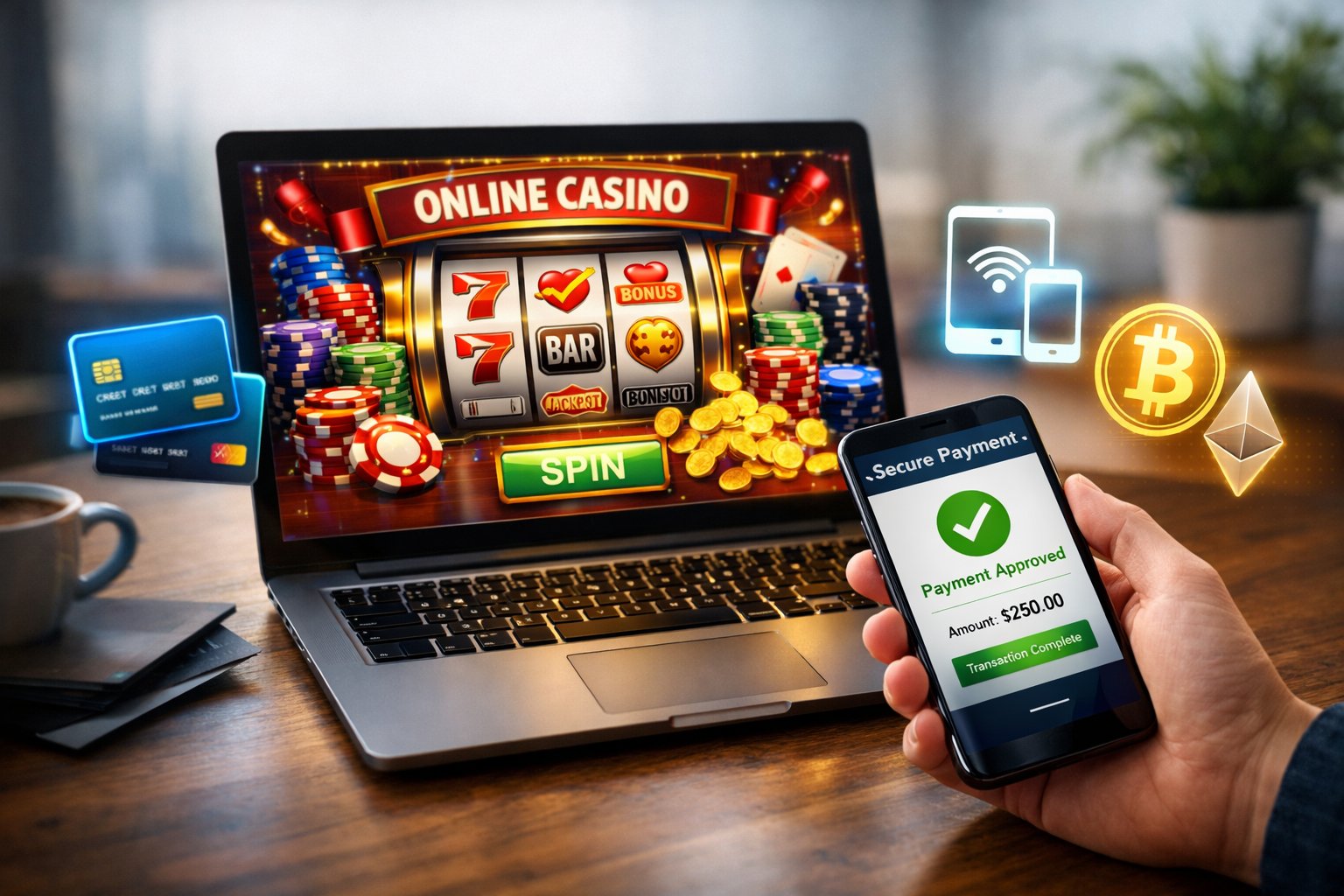 A laptop showing an online casino interface with slot machine graphics and poker chips, a hand holding a smartphone displaying a payment app, and digital payment icons around the devices.