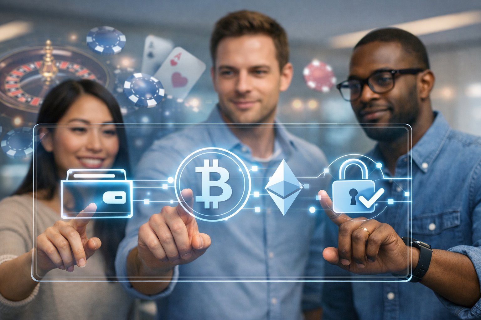 A group of professionals interacting with a futuristic touchscreen displaying digital payment icons with holographic casino elements in the background.