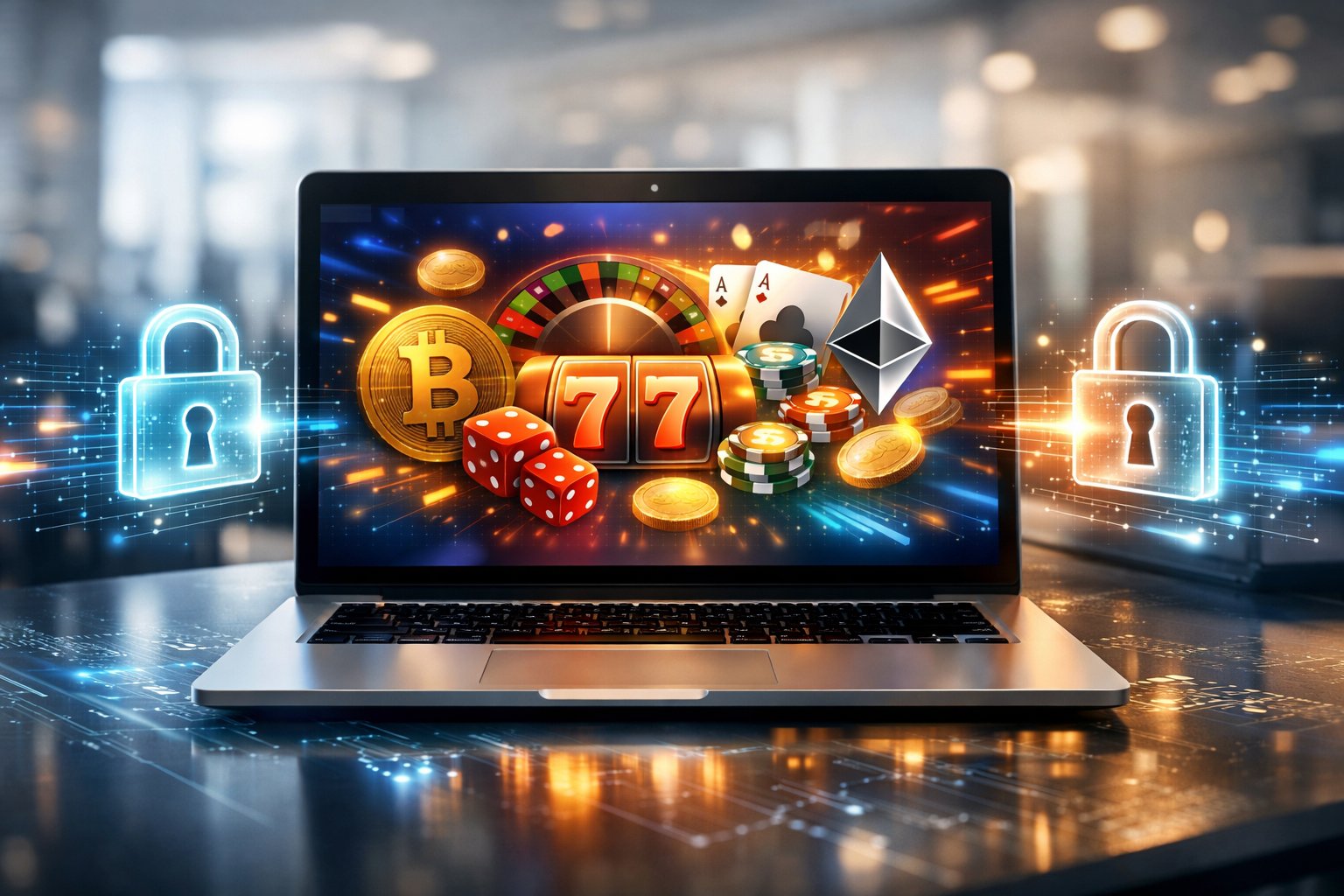 A laptop on a desk showing digital casino icons and cryptocurrency symbols with holographic security and speed elements around it.