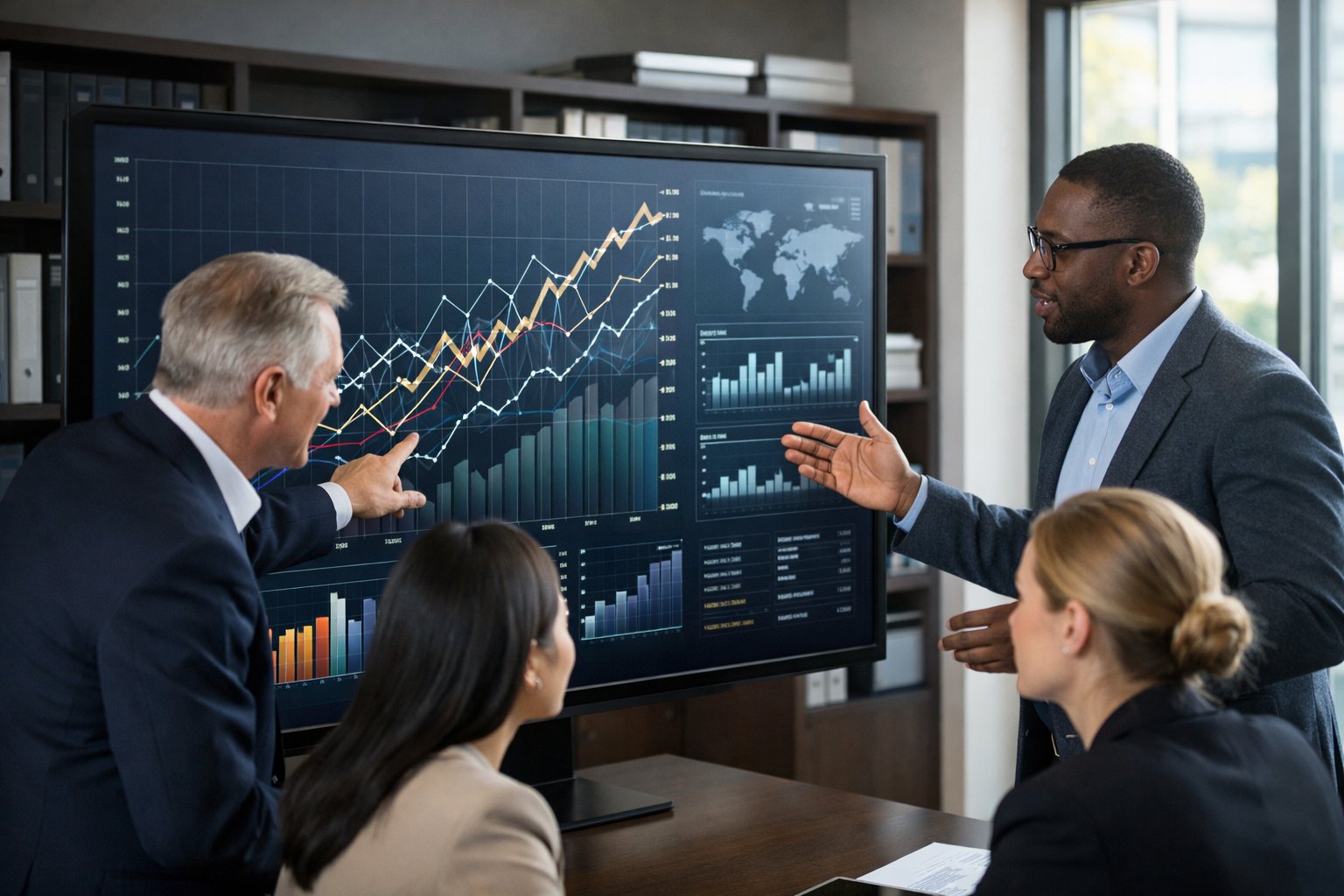 Des professionnels en réunion autour d'un écran tactile affichant des graphiques économiques dans un bureau moderne lumineux.