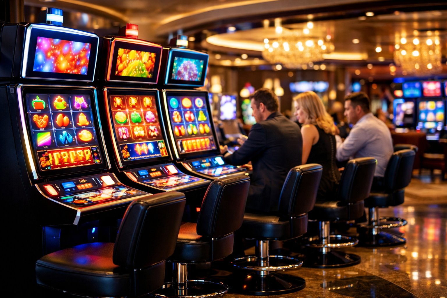 A Modern Casino Interior Showing Slot Machines With Colorful Lights And People Playing Them.