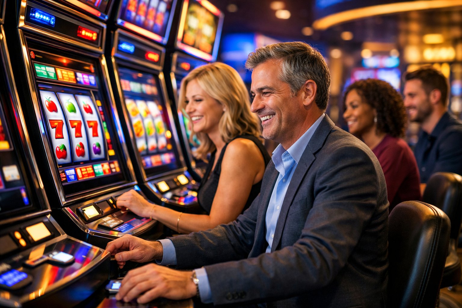 People Playing Brightly Lit Slot Machines In A Modern Casino Setting With Promotional Displays In The Background.