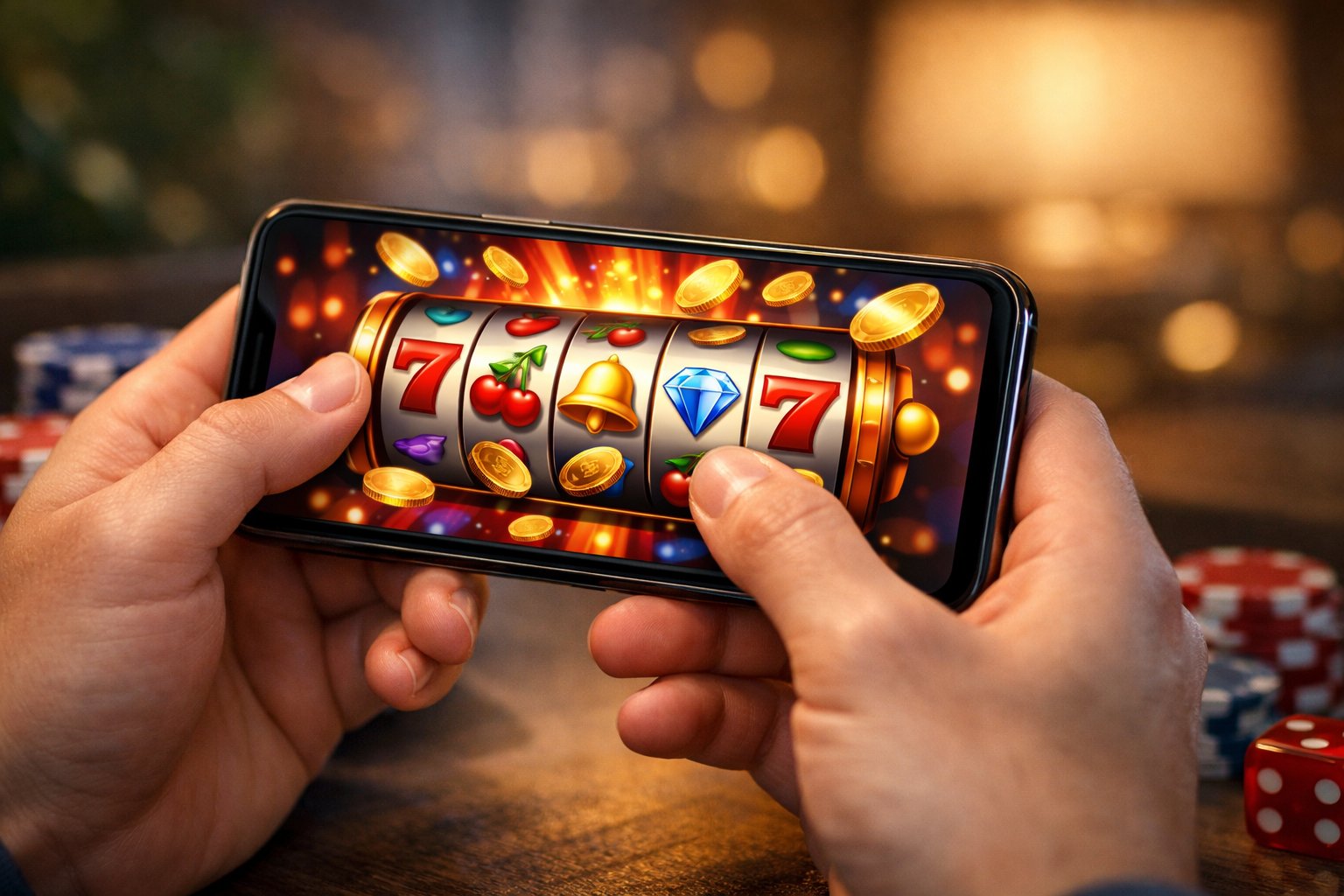 Hands Holding A Smartphone Showing Colorful Slot Machine Game Graphics In A Cozy Indoor Setting.