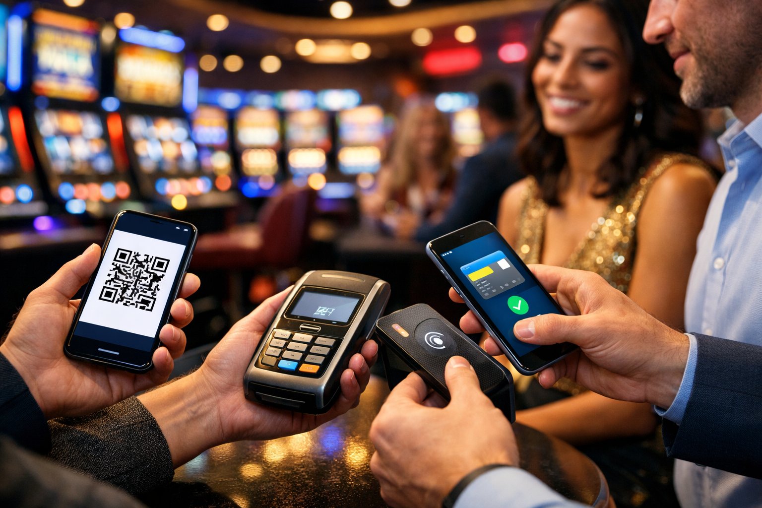 People Using Digital Payment Devices In A Casino With Slot Machines In The Background.