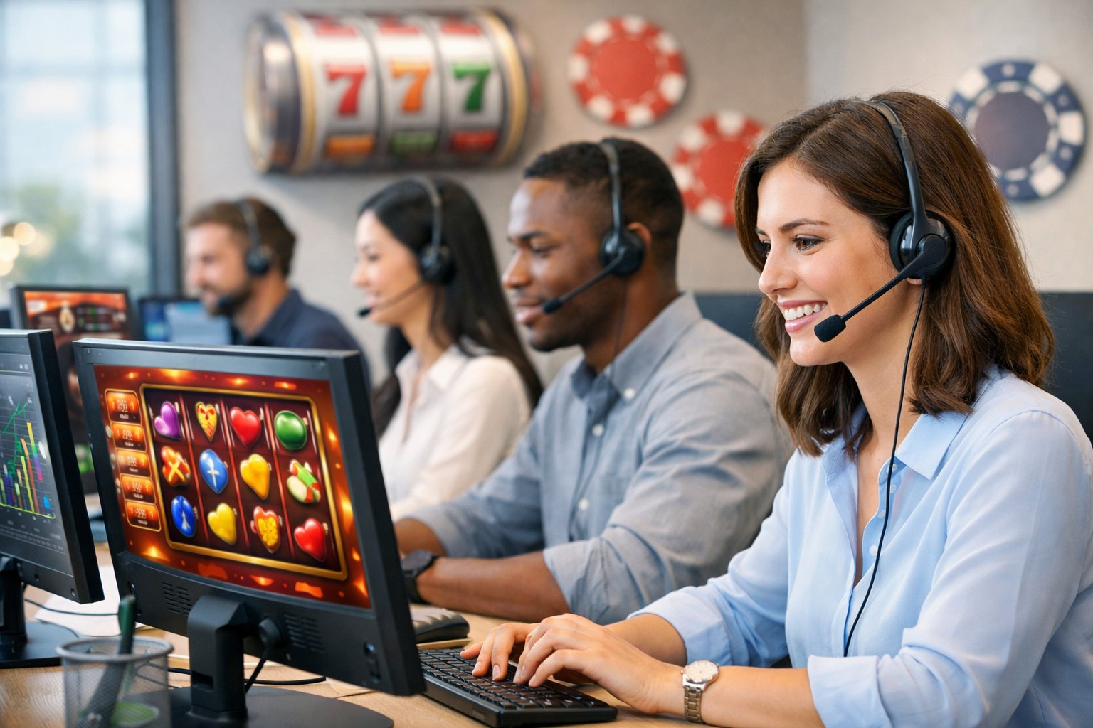 Customer Support Representatives Wearing Headsets Working At Computers In An Office With CasinoThemed Visuals On Screens.