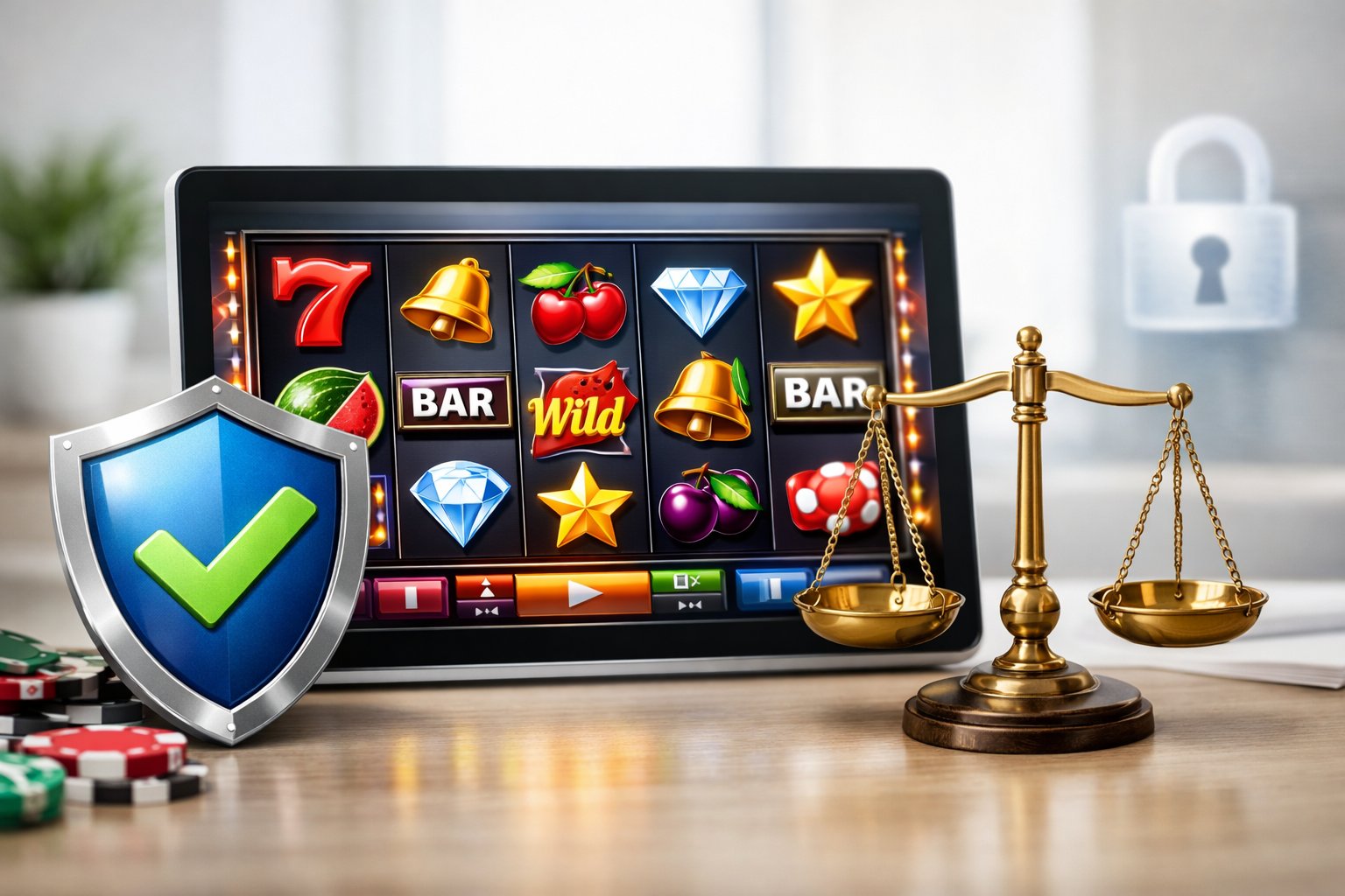 A Digital Slot Machine Game Displayed On A Tablet With Icons Of A Shield, Balanced Scales, And A Lock Symbol In The Background Representing Security And Fairness.