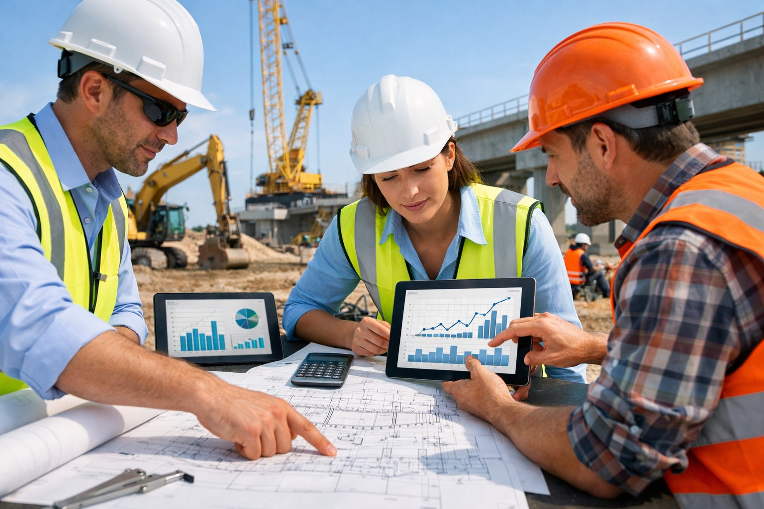 Des ingénieurs et ouvriers collaborent sur un chantier de travaux publics avec des machines et des plans techniques.