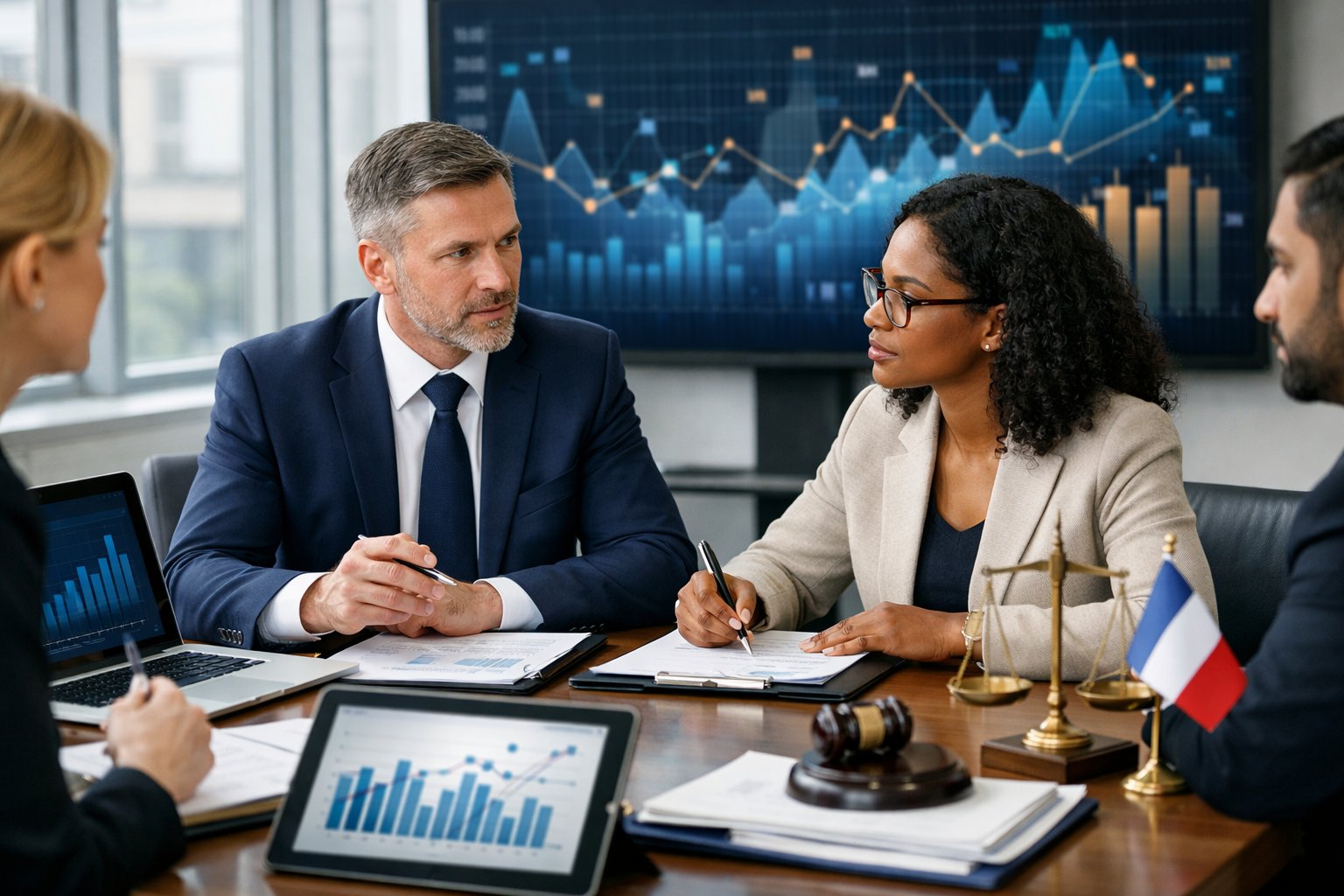Des professionnels discutant autour d'une table de conférence avec des documents et des écrans affichant des graphiques dans un bureau lumineux.