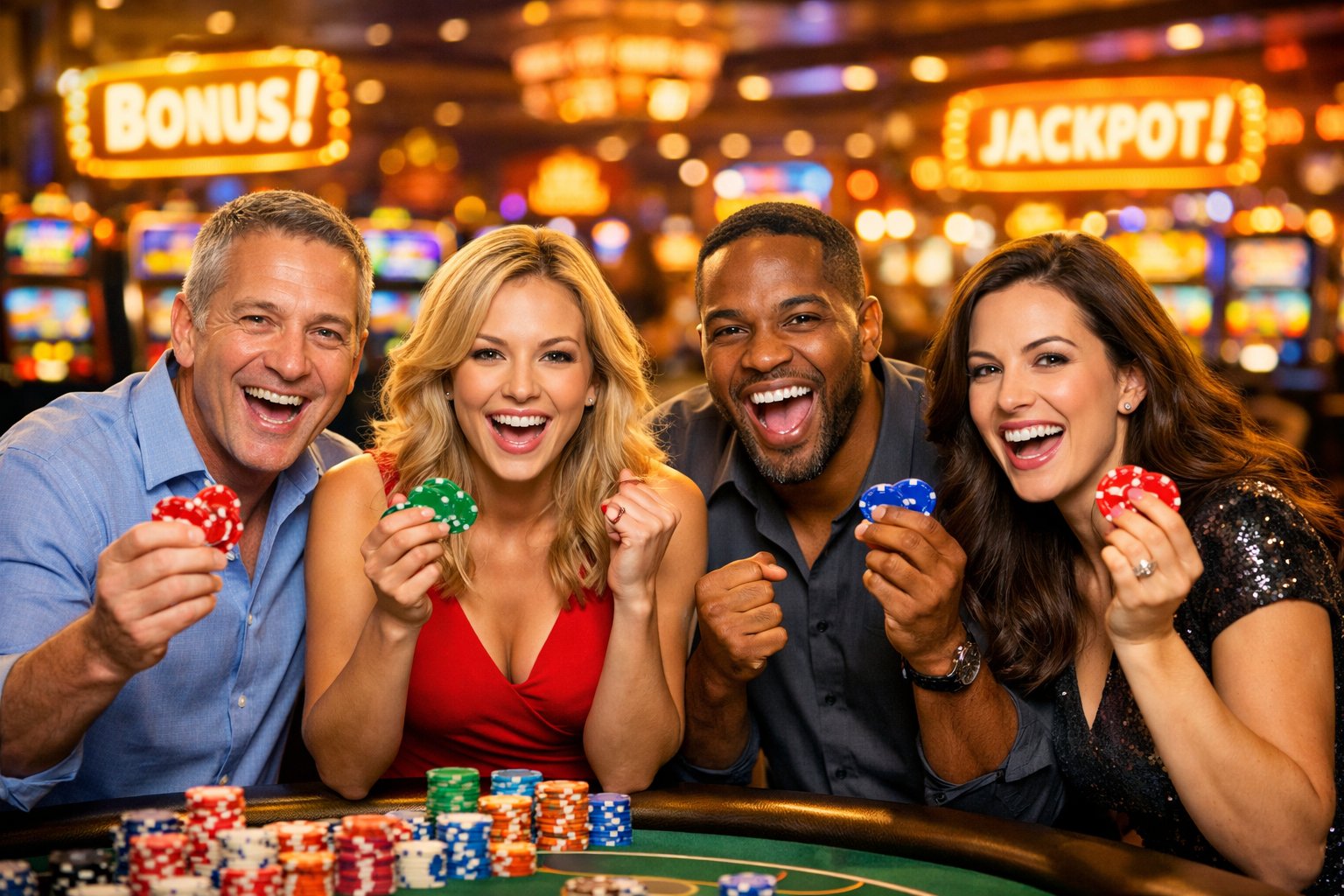 A Group Of Happy Adults Celebrating Wins Inside A Brightly Lit Casino With Slot Machines And Gaming Tables In The Background.