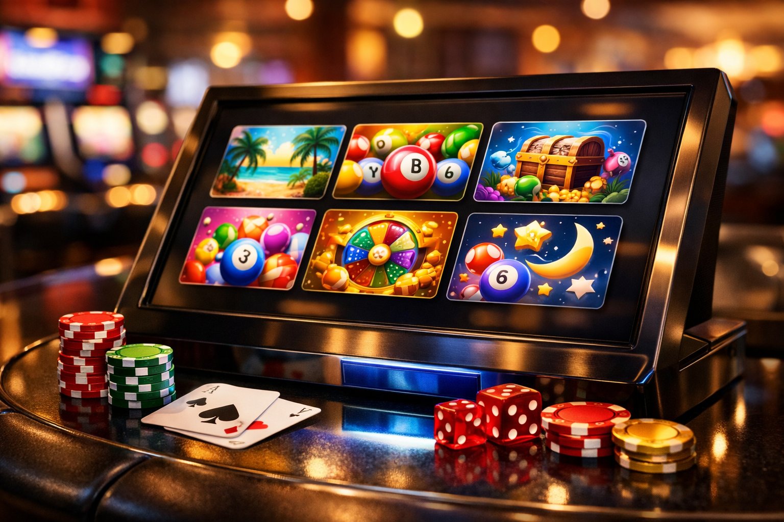 A Digital Touchscreen Displaying Colorful Bingo Game Options In A Modern Casino Setting With Poker Chips And Playing Cards Nearby.