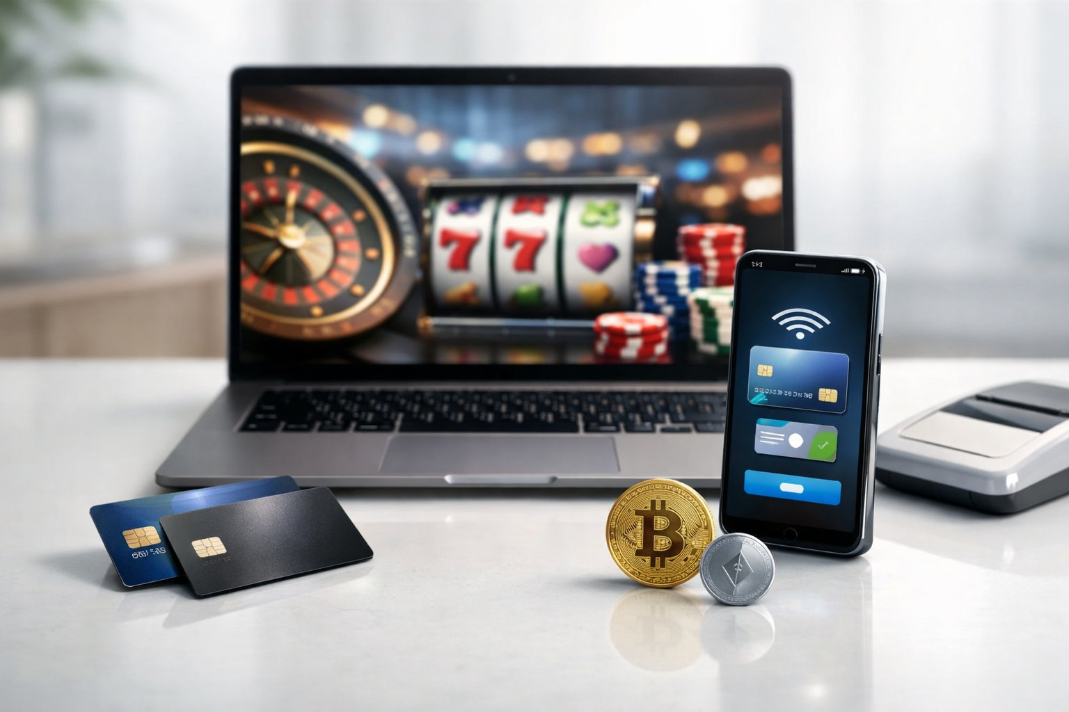 A Workspace With A Laptop Showing An Online Casino Interface, Surrounded By Credit Cards, A Smartphone With A Payment App, And Digital Currency Symbols.