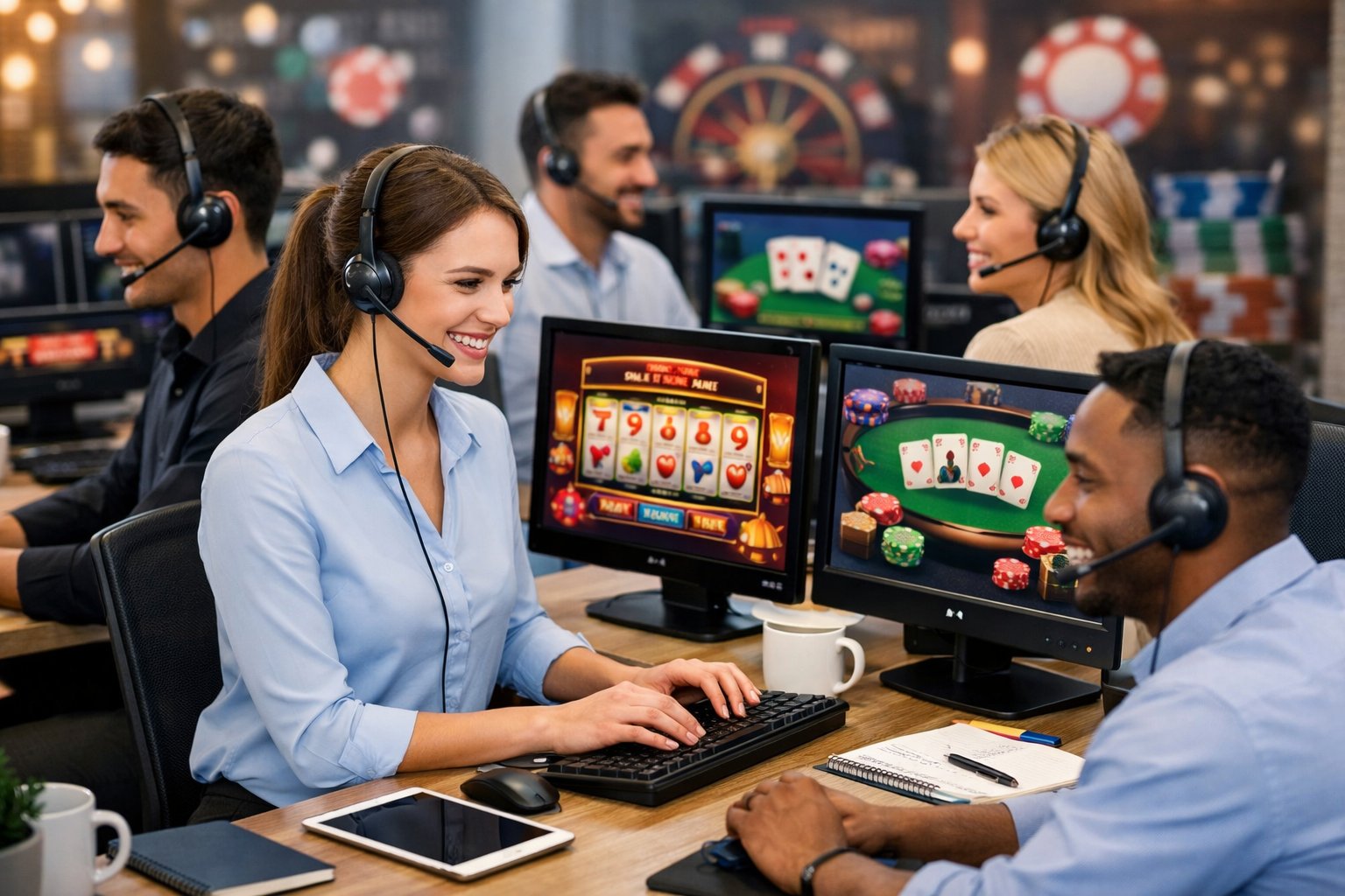 Customer Support Team Working At Desks With Headsets And Computer Monitors Showing CasinoRelated Graphics In A Bright Office.