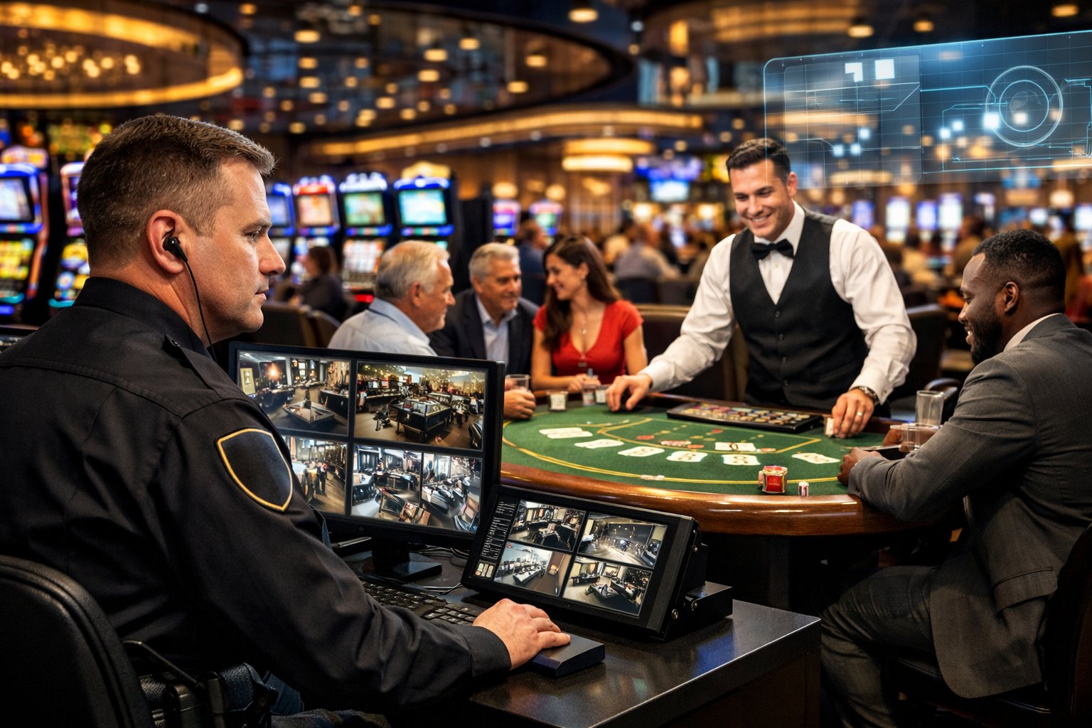 A Casino Floor With A Security Officer Monitoring Surveillance Screens And A Dealer Interacting With Players At A Gaming Table.