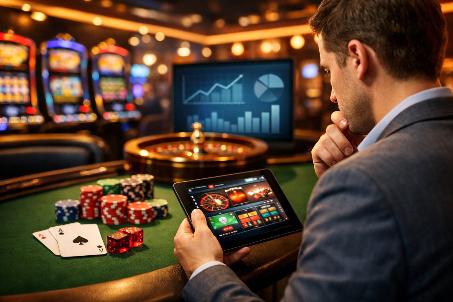 A Person In A Casino Setting Thoughtfully Evaluating Gaming Options With Slot Machines And Poker Chips Nearby.