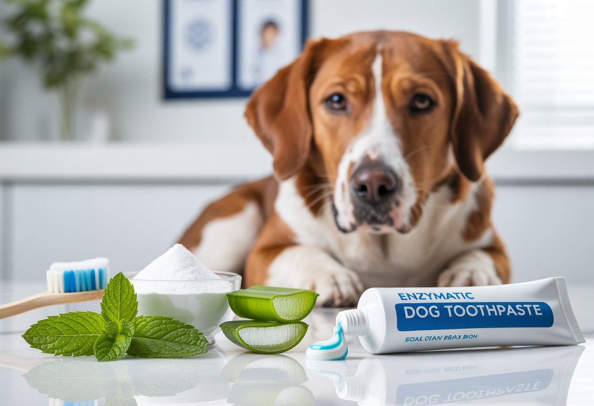 Best Enzymatic Dog Toothpaste for Bad Breath: Expert Guide & Reviews 3 A happy dog sitting next to natural ingredients and a tube of dog toothpaste on a white surface.