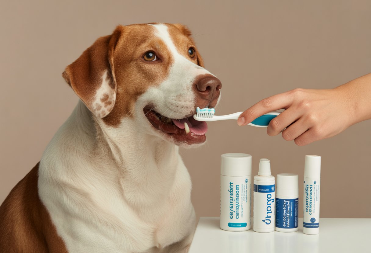 Best Enzymatic Dog Toothpaste for Bad Breath: Expert Guide & Reviews 5 A happy dog with clean teeth being gently brushed by a person using dog toothpaste, with toothpaste containers nearby.