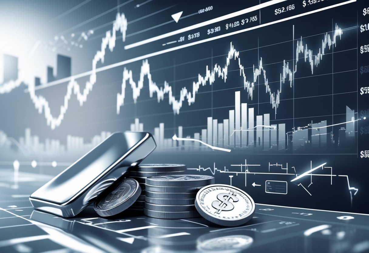 A financial chart with fluctuating silver price lines, silver bars and coins in front, and abstract icons representing market forces, set against a city skyline with stock exchange buildings.