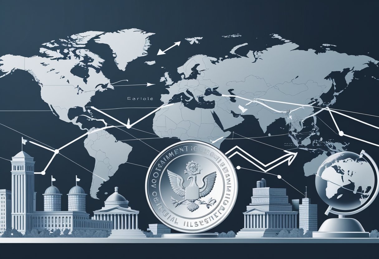 A silver coin surrounded by arrows indicating price changes, with a world map highlighting geopolitical hotspots and icons representing politics, mining, stock market fluctuations, and global trade.
