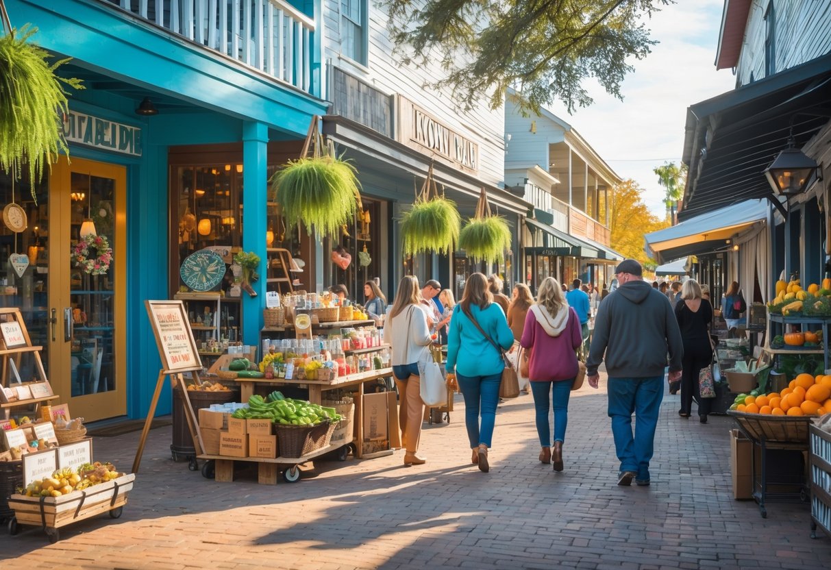 Shoppers browsing colorful outdoor market stalls and boutiques in a lively street scene.