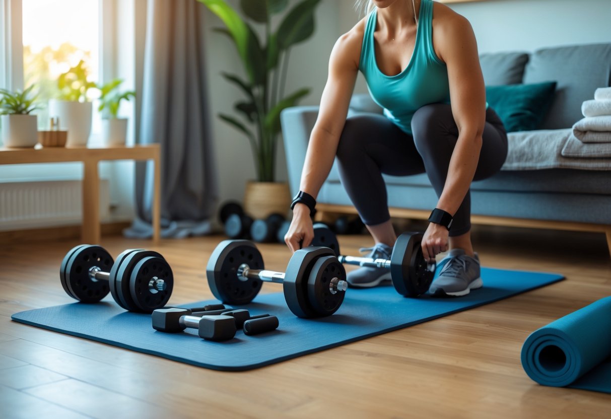 Persona ajustando mancuernas en un luminoso gimnasio en casa con equipos de fitness como bandas de resistencia, colchoneta de yoga y banco.