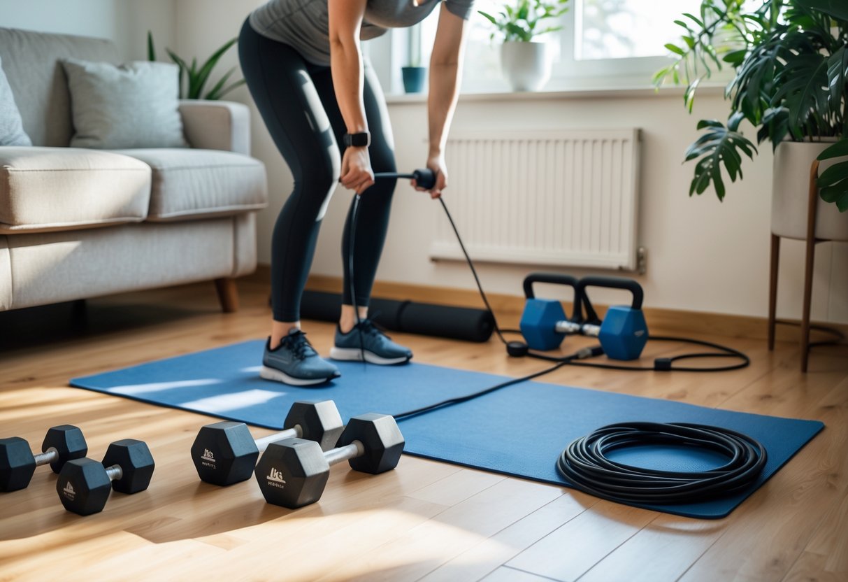 Una persona organiza equipos de entrenamiento en un rincón luminoso de una sala de estar para crear un espacio de gimnasio en casa.