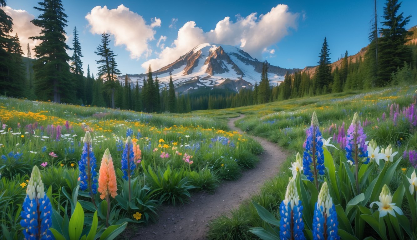 A vibrant wildflower meadow with a winding trail leading towards snow-capped Mount Rainier under a clear blue sky.