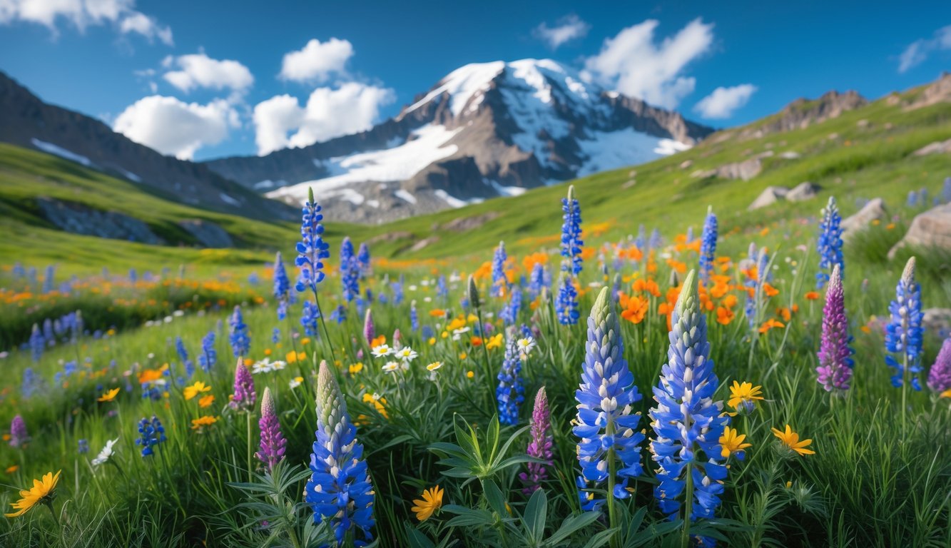 A wildflower meadow with colorful flowers and a hiking trail leading towards snow-capped Mount Rainier under a blue sky.