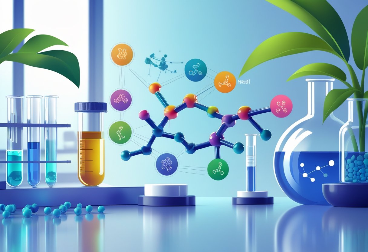 Illustration of molecular peptide structures with symbols representing muscle recovery, growth, and athletic performance in a laboratory setting.