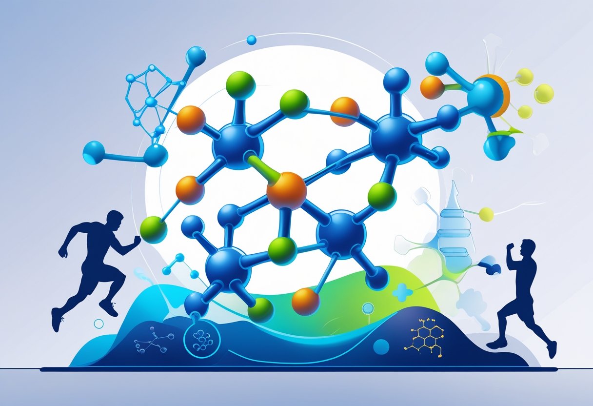 Illustration of peptide molecules with an athlete silhouette and symbols representing muscle growth and recovery.