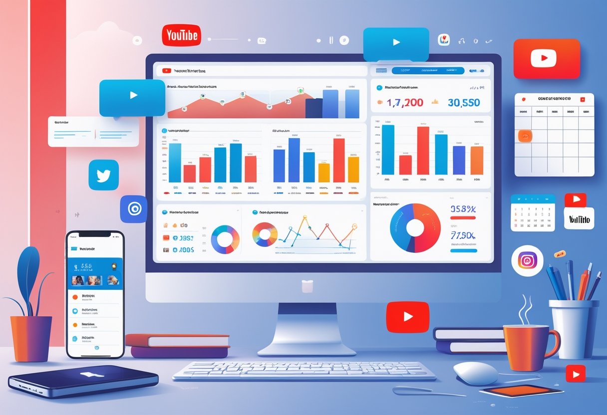 A digital marketing workspace showing a computer screen with YouTube analytics and social media tools in a clean office setting.