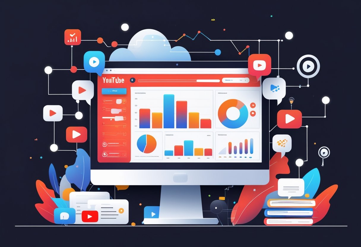 A computer screen showing an abstract dashboard with YouTube-related icons and graphs, surrounded by symbols representing social media growth and engagement.