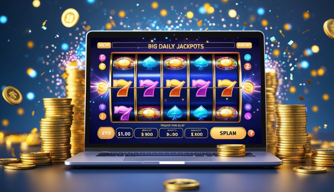 Seorang pengguna sedang bermain mesin slot online di komputer dengan koin emas dan lampu berkilau di sekitar, menunjukkan suasana kemenangan dan kegembiraan.