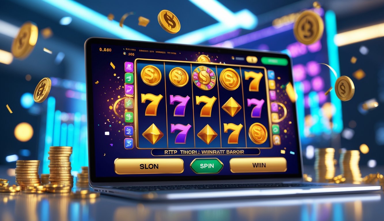Layar perangkat digital menampilkan mesin slot online dengan simbol koin emas dan permata, latar belakang menunjukkan suasana kemenangan dan grafik statistik.