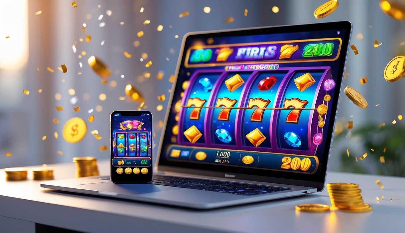 Sebuah laptop dan ponsel menampilkan permainan slot online dengan simbol warna-warni di atas meja yang rapi dan pencahayaan lembut.