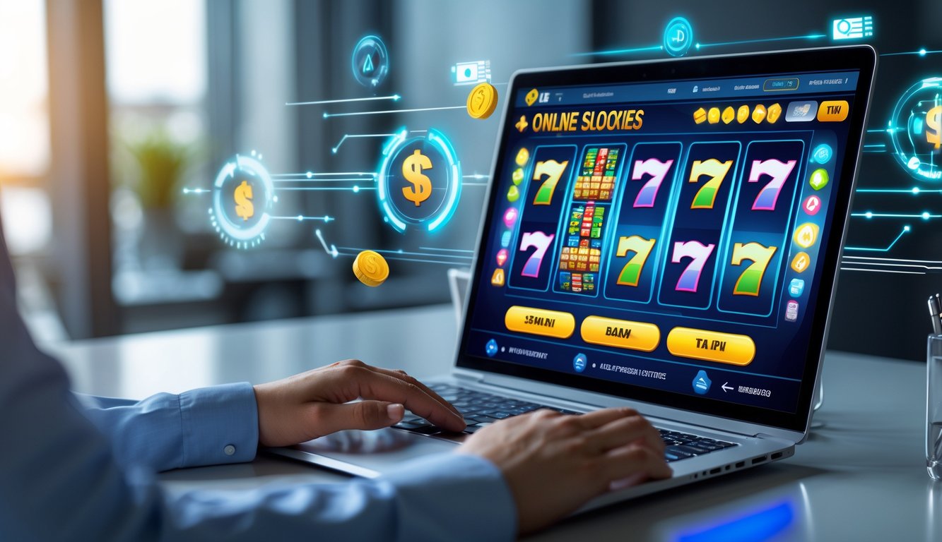 Seseorang menggunakan laptop dengan tampilan permainan slot online di meja kerja yang modern dan terang.