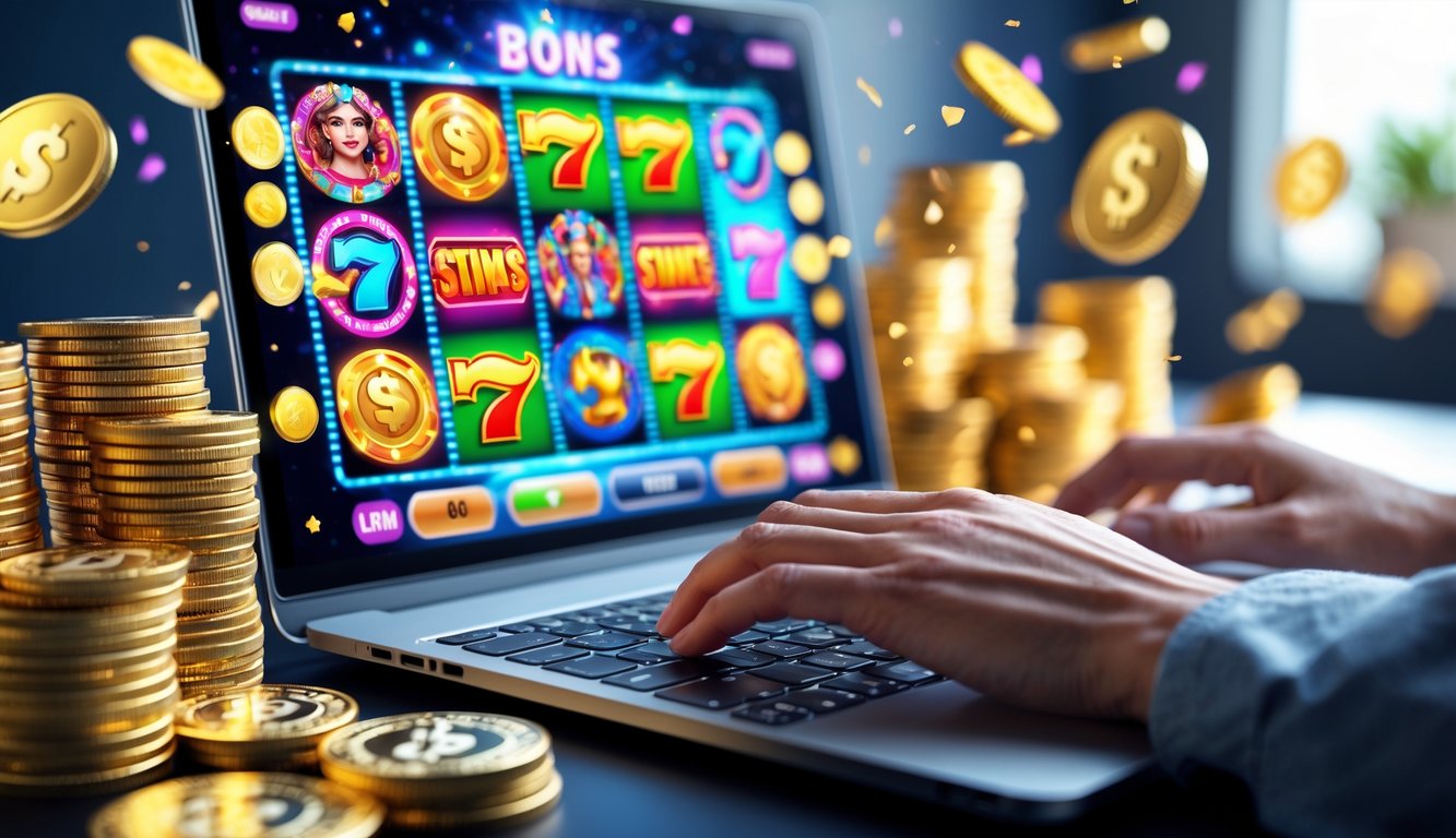 Seorang pemain sedang menggunakan komputer dengan layar menampilkan permainan slot online yang penuh warna dan simbol kemenangan, dikelilingi oleh koin emas dan chip permainan.