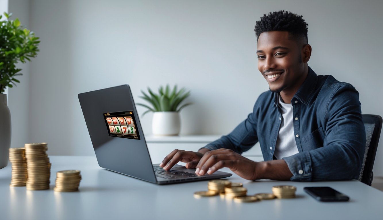 Seorang dewasa muda duduk di meja kerja modern menggunakan laptop untuk bermain slot online dengan ekspresi fokus dan percaya diri.